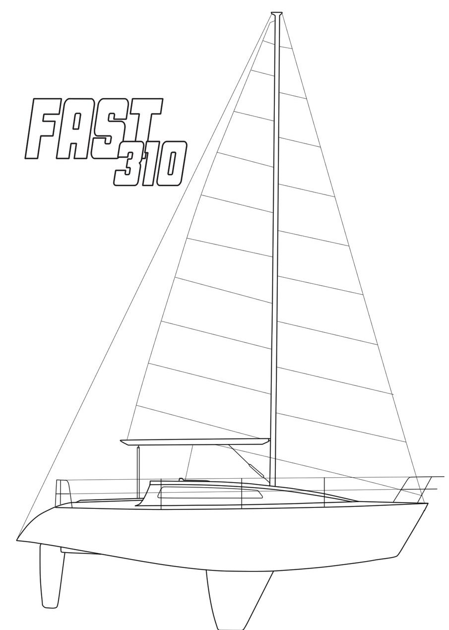 Desenho do perfil lateral do Fast 310, com mastro, velas e quilha